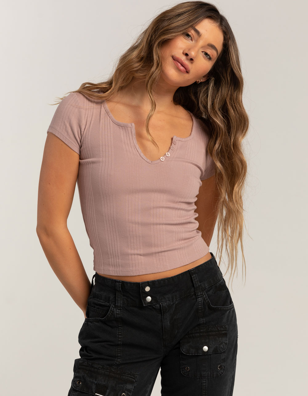 BDG Urban Outfitters Button Notch Neck Womens Top - PINK