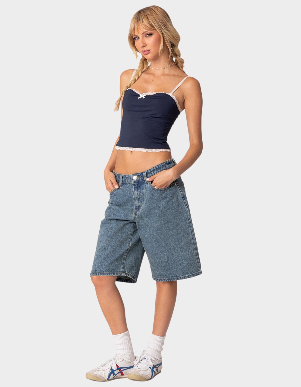 EDIKTED Alara Lace Trim Tank Top - NAVY