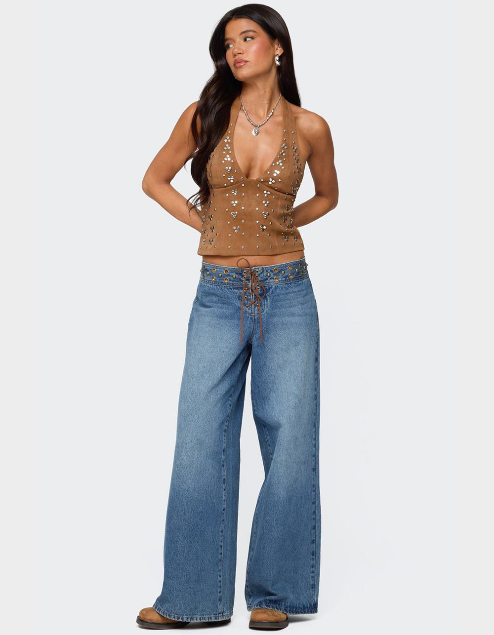 EDIKTED Xaria Studded Faux Suede Halter Top - BROWN