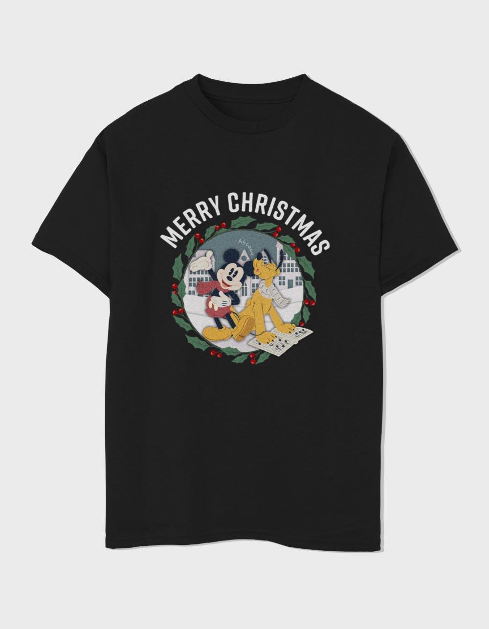 DISNEY Mickey And Pluto Wreath Unisex Kids Tee - BLACK