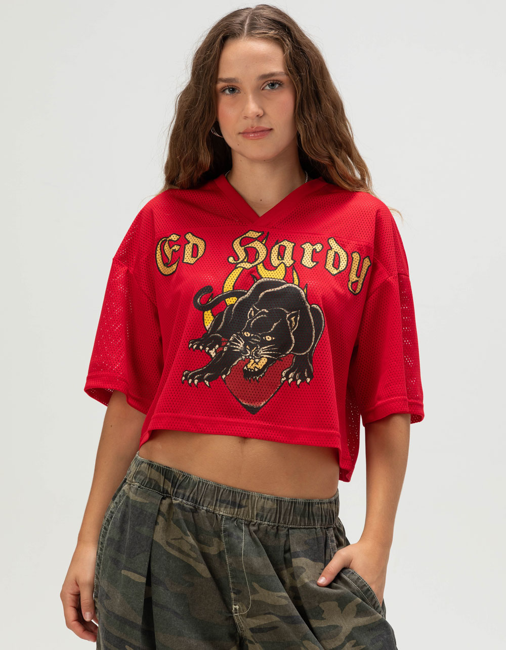 ED HARDY Panther Head Womens Jersey Tee - CHERRY