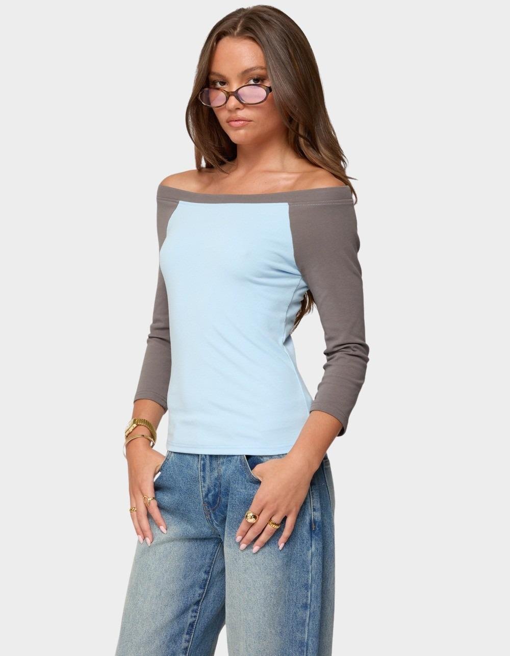 EDIKTED Keri Boat Neck Contrast Raglan Top - LIGHT BLUE