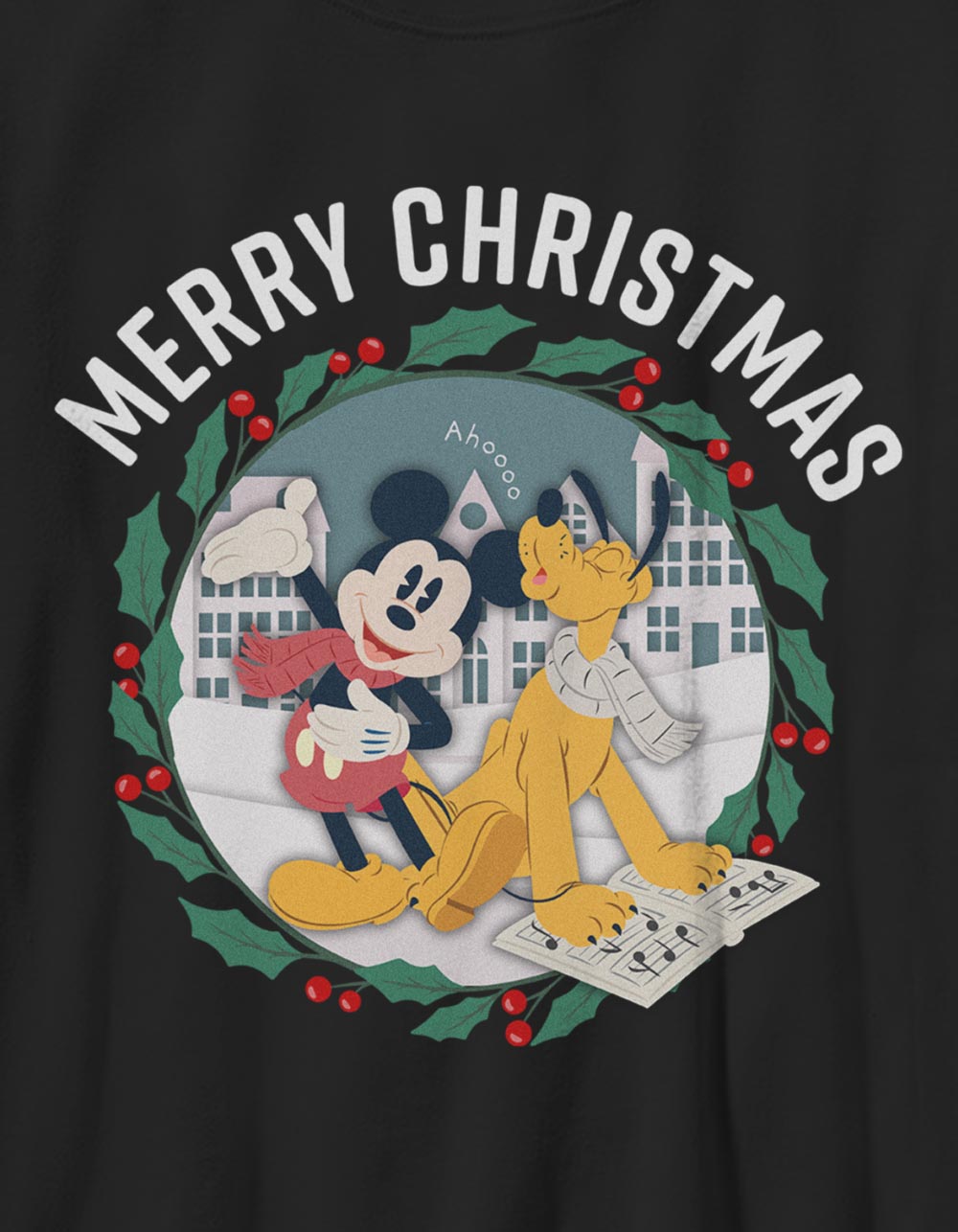 DISNEY Mickey And Pluto Wreath Unisex Kids Tee - BLACK
