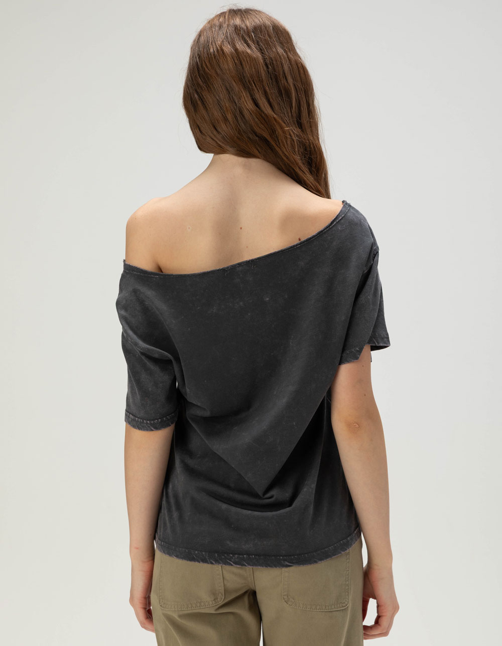 FULL TILT Womens Off The Shoulder Punk Relaxed Tee - WASHED BLACK