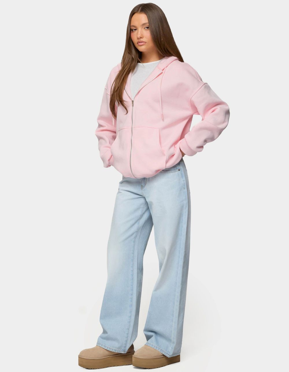 EDIKTED Rocia Oversized Zip Up Hoodie - LIGHT PINK