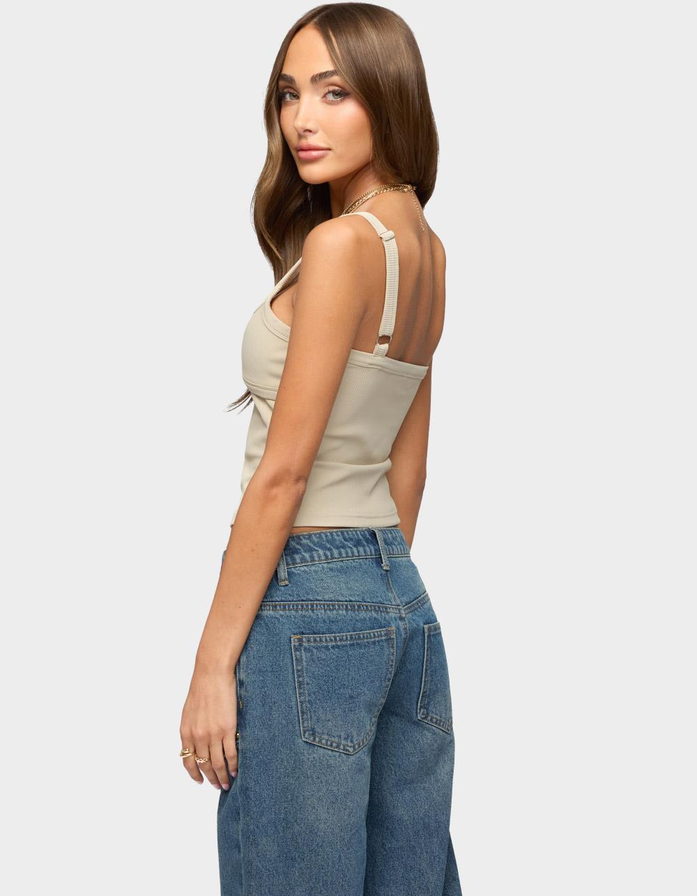 EDIKTED Karin Cut Out Ribbed Tank Top - BEIGE