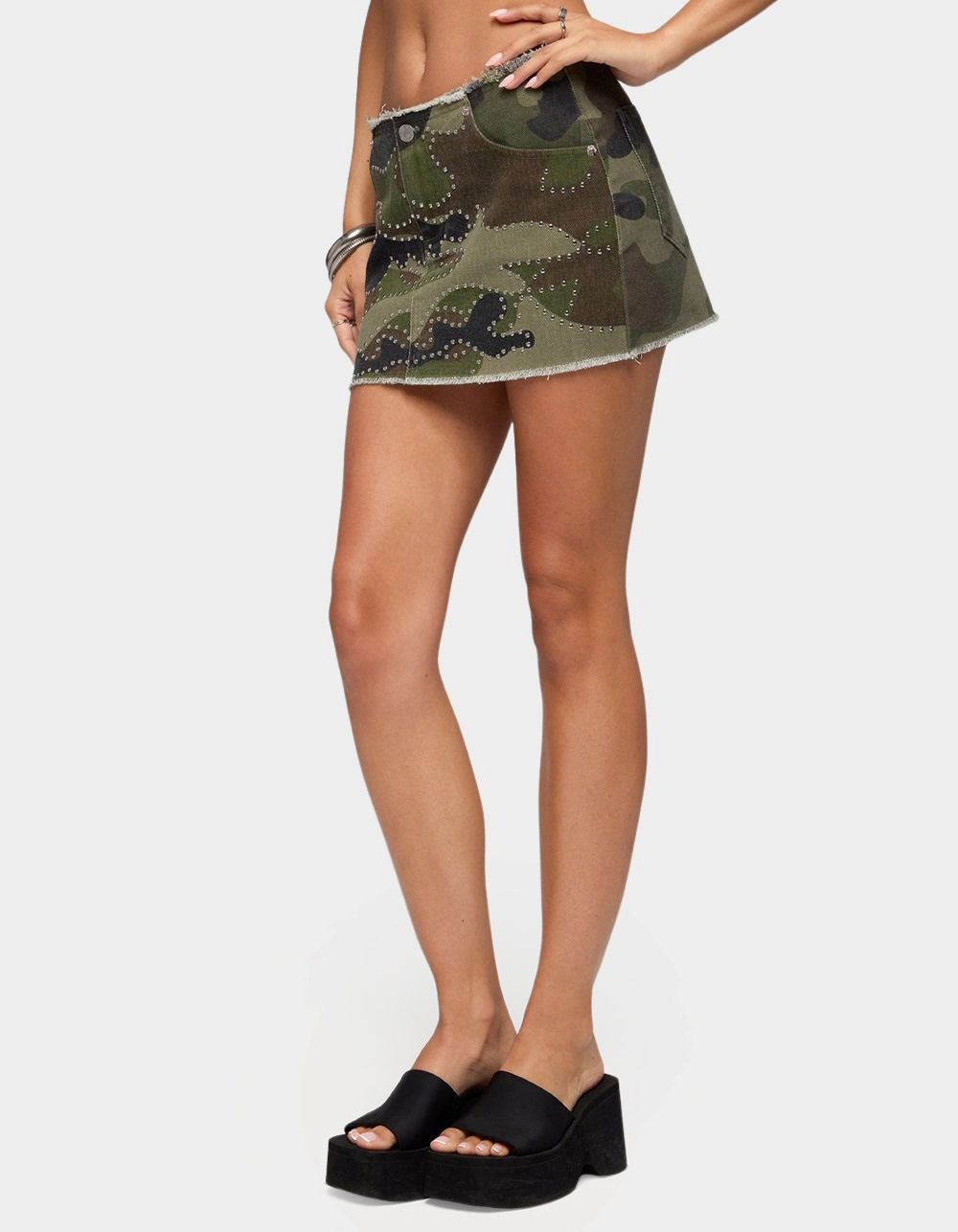 EDIKTED Nadyah Studded Camo Denim Mini Skirt - DK GREEN