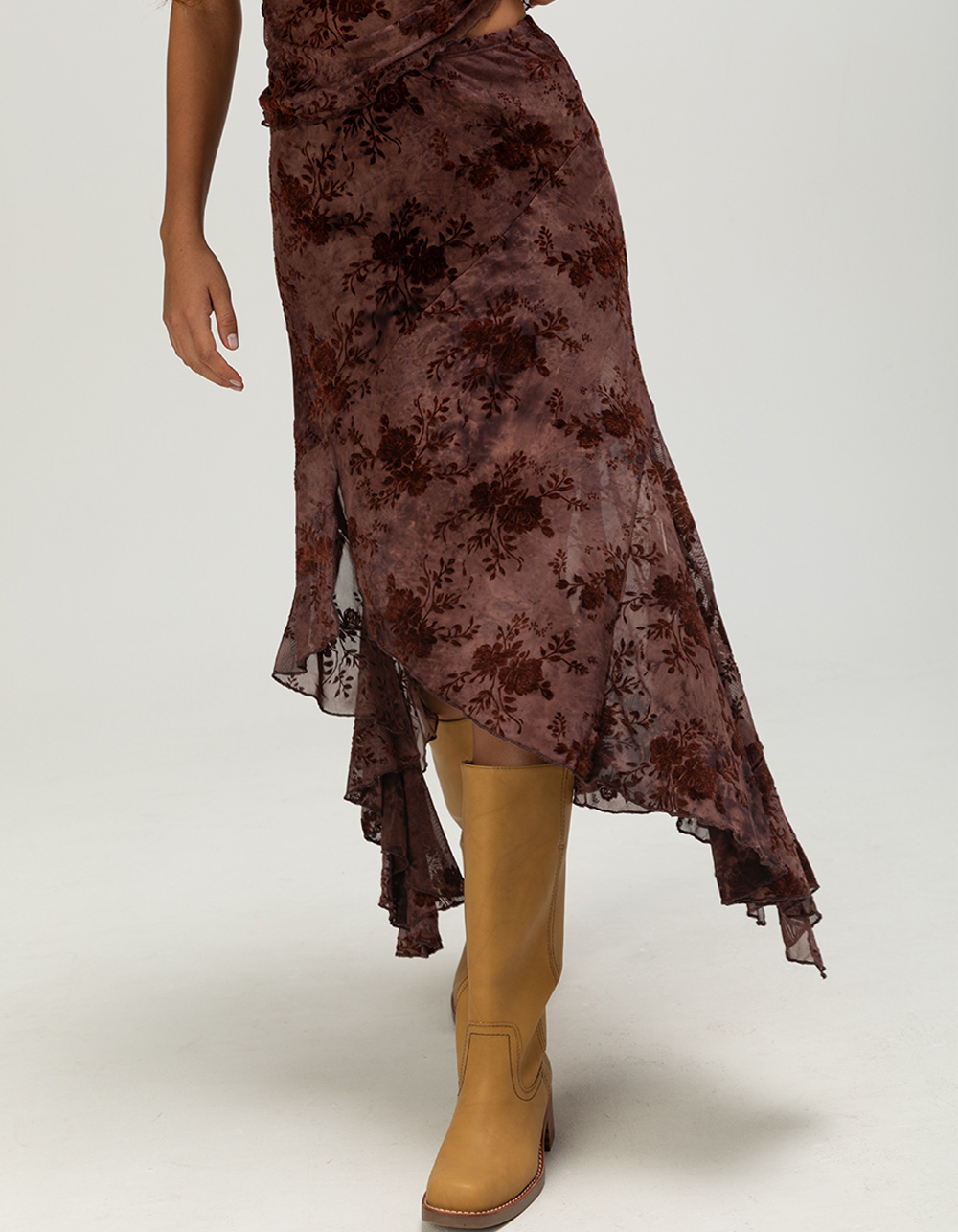 NECTAR CLOTHING Womens Flocked Midi Skirt - BURGUNDY