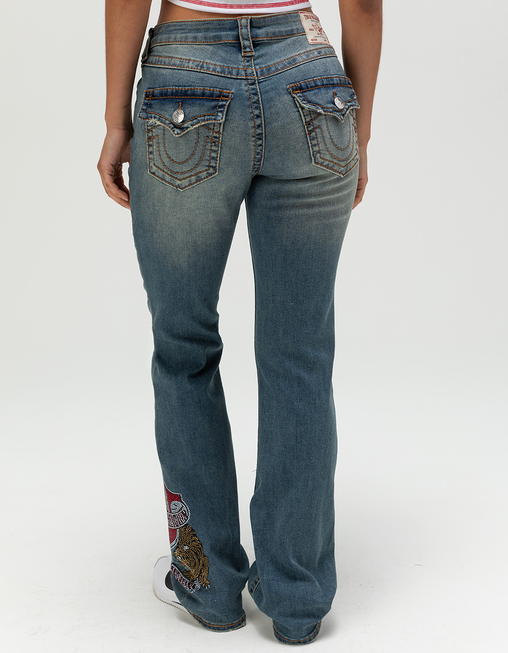 TRUE RELIGION Becca Crystal Tattoo Mid Rise Big T Womens Bootcut Jeans - VINTAGE