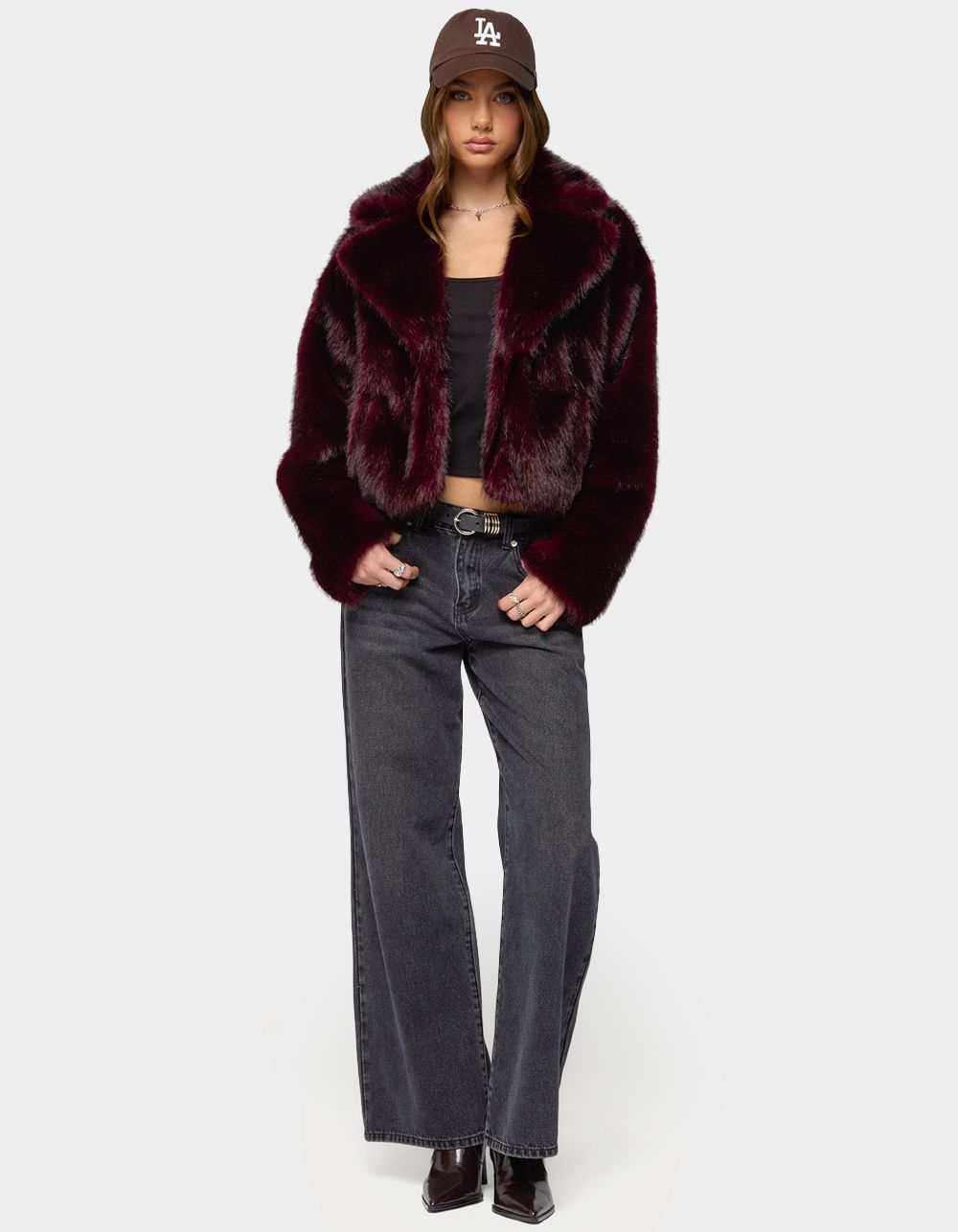 EDIKTED Kamilah Oversized Faux Fur Coat - DK RED