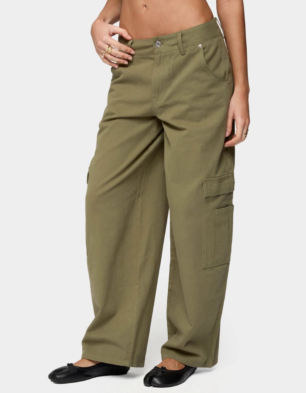 EDIKTED Jadah Low Rise Baggy Cargo Pants - DK GREEN