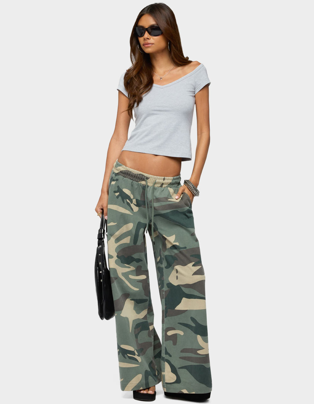 EDIKTED Calie Off Shoulder V-Neck Top - GRAY