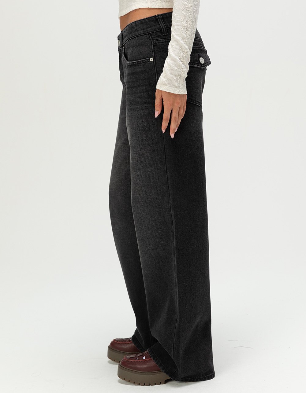 RSQ Womens Low Rise Flap Pocket Baggy Jeans - WASHED BLACK