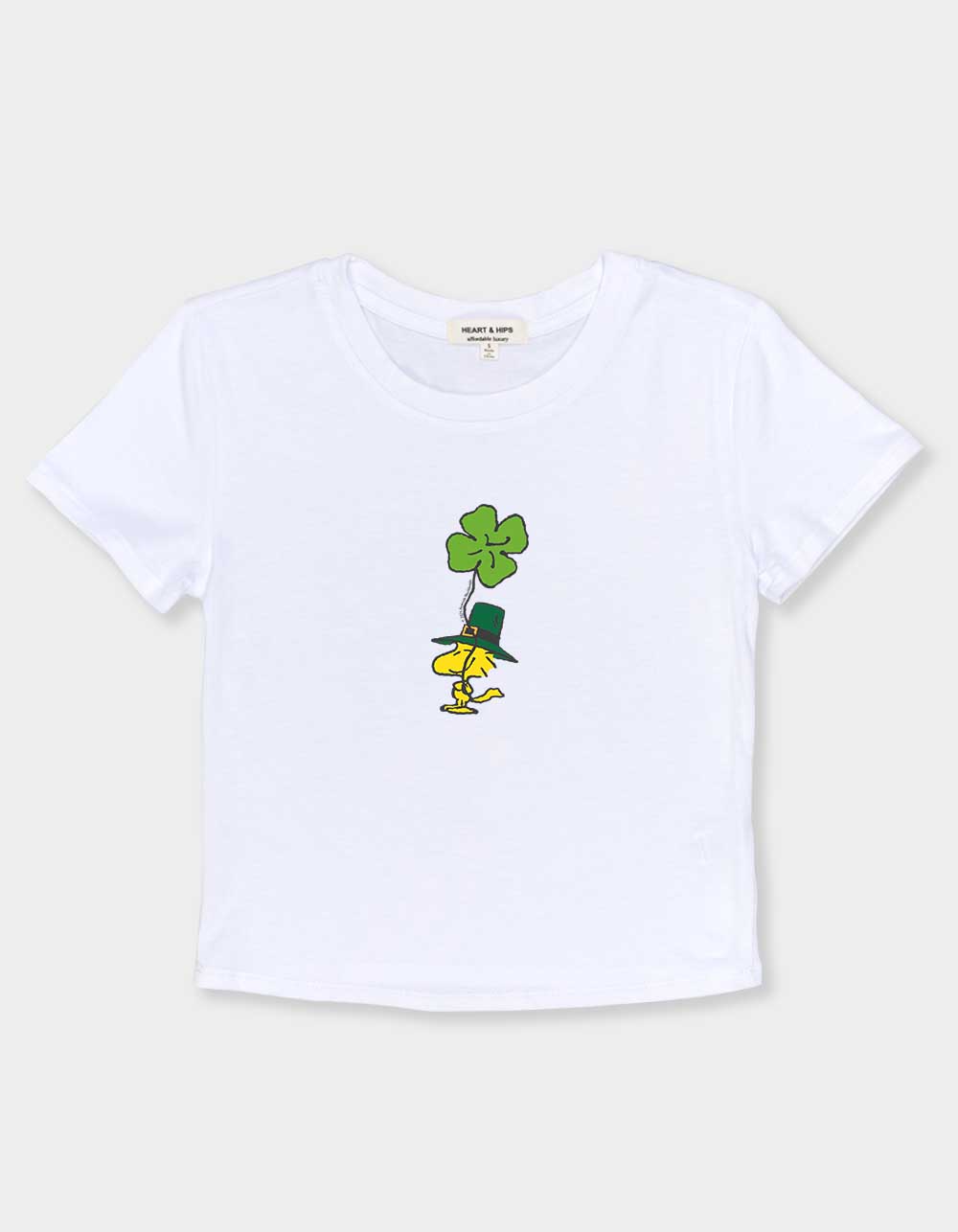 PEANUTS Woodstock Shamrock Womens Baby Tee - WHITE