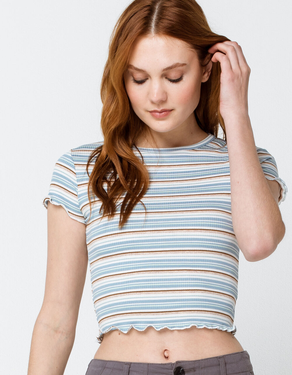 SKY AND SPARROW Stripe Womens Light Blue Baby Tee image number 0