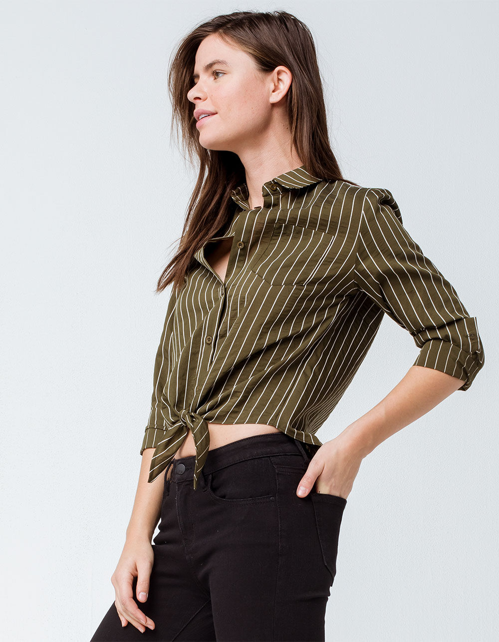 Cargo Button Down Tie Top, Olive main image 1