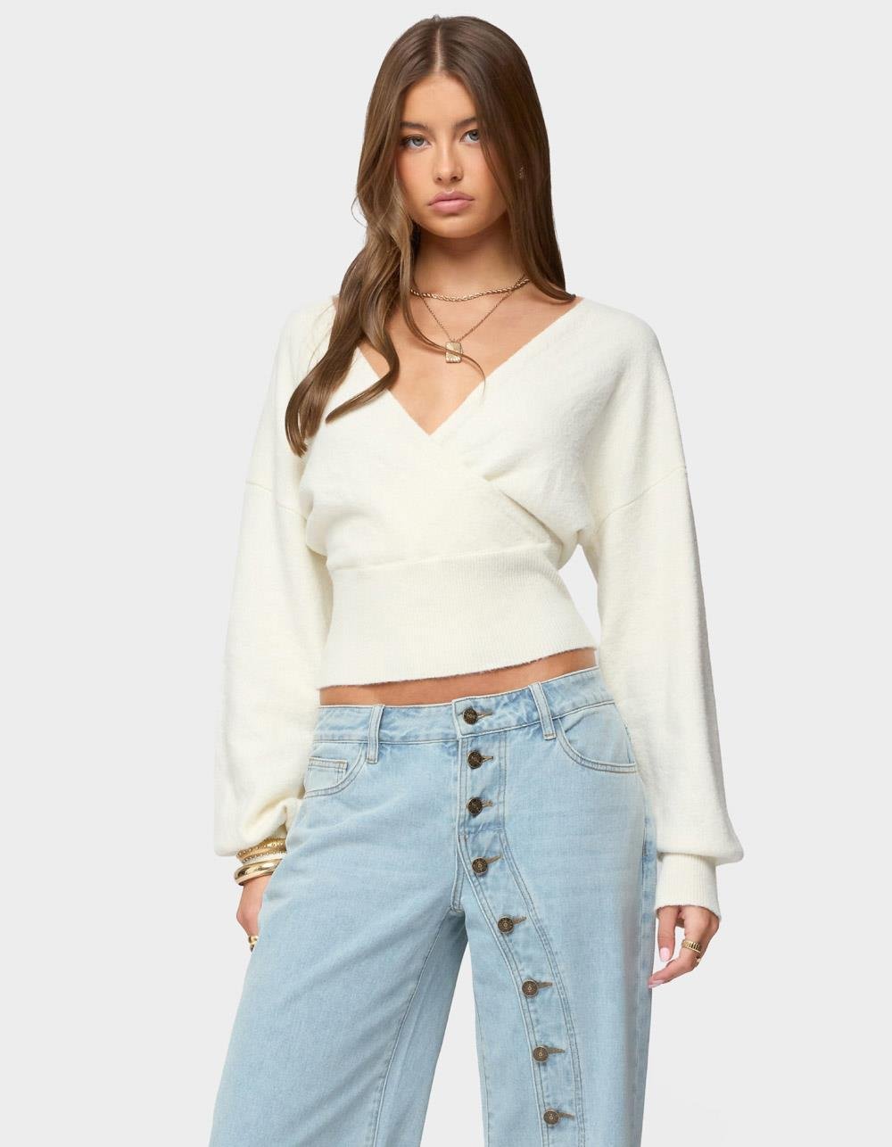 EDIKTED Lillia V-Neck Wrap Sweater - WHITE