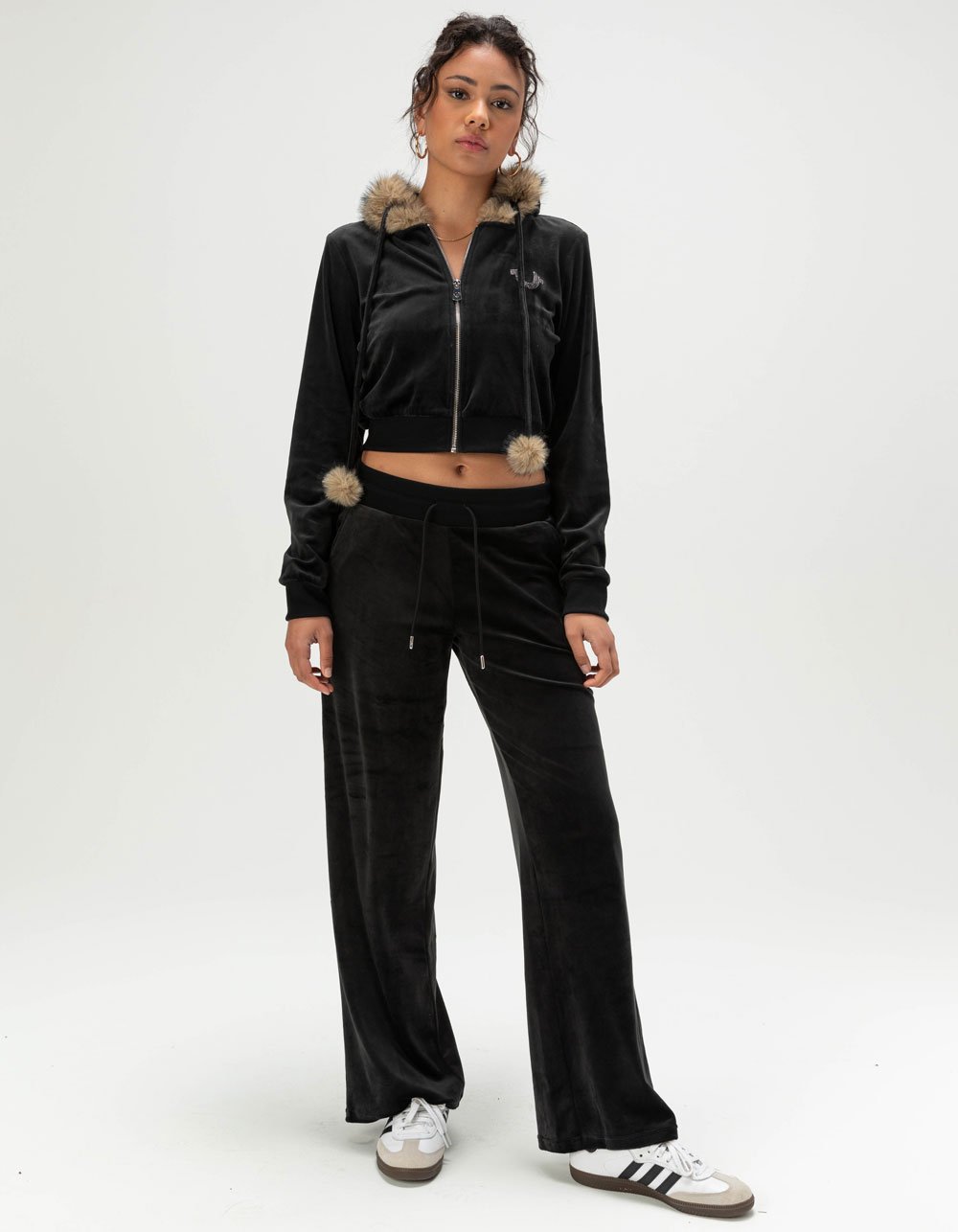 TRUE RELIGION Velour Faux Fur Womens Shrunken Zip-Up Hoodie - BLACK