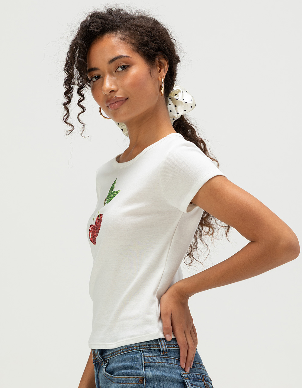 FULL TILT Cherry Rhinestone Womens Tee - WHITE