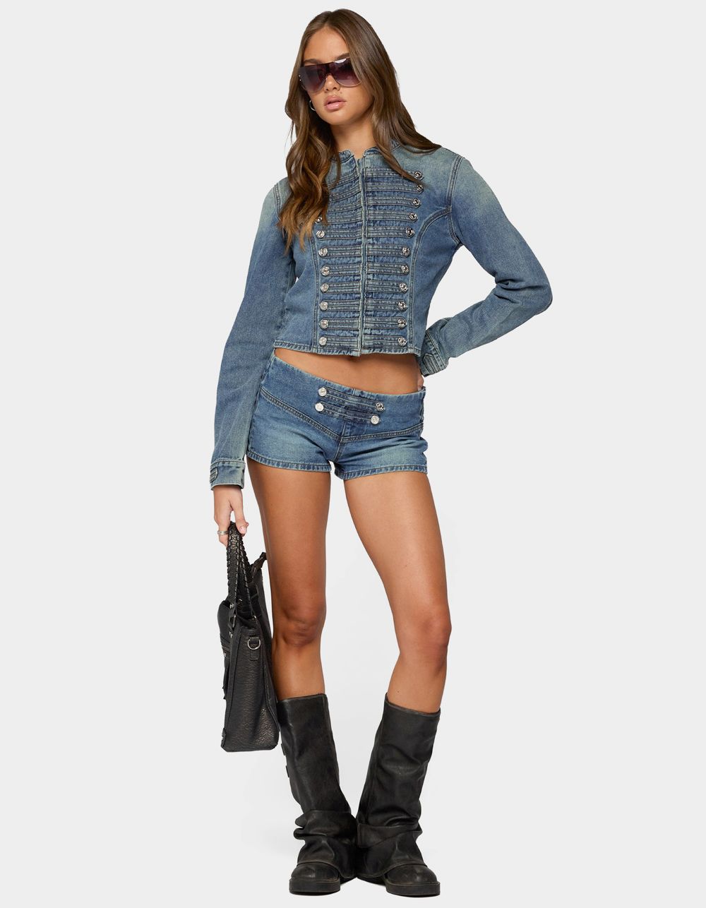 EDIKTED Jazzy Denim Naploeon Shorts - LIGHT BLUE