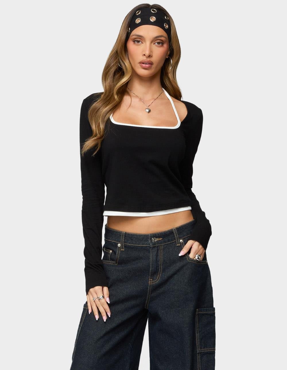 EDIKTED Ksenia Contrast Layered Square Neck Top - BLACK