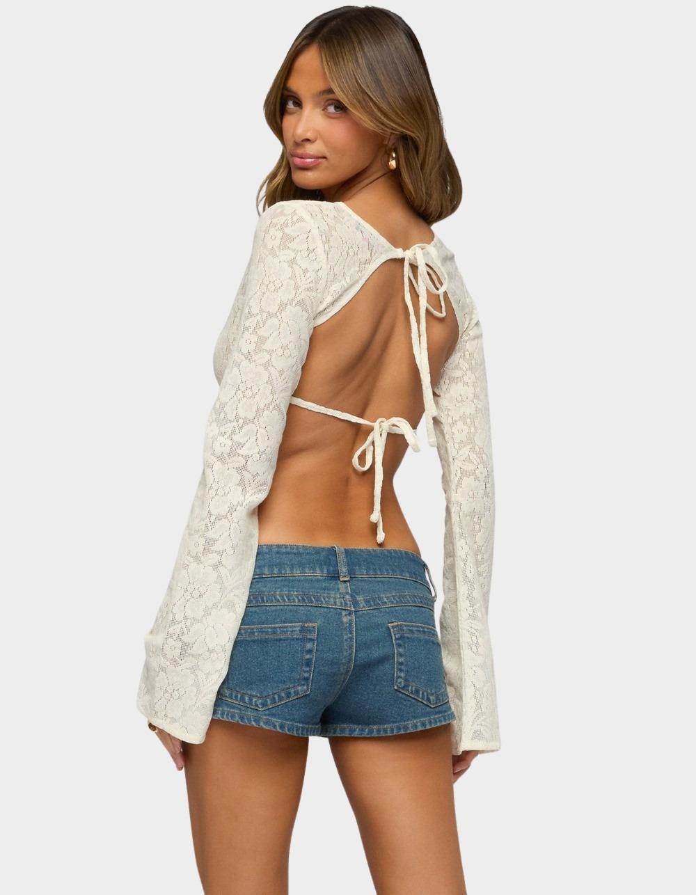 EDIKTED Flaura Backless Sheer Lace Top - BEIGE