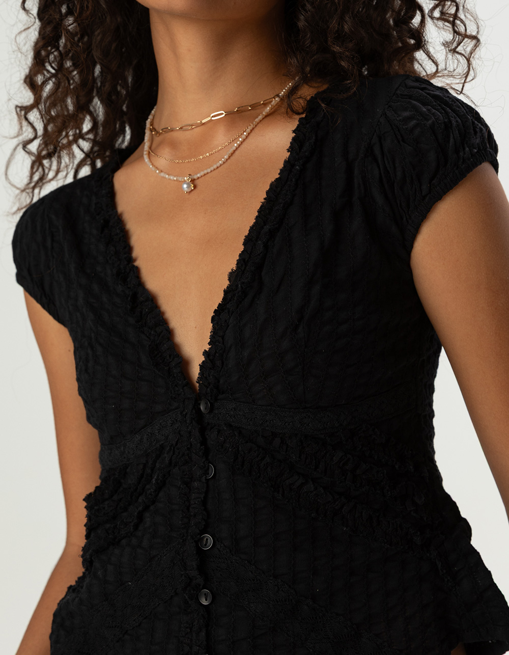 BDG Urban Outfitters Womens Button Up Ruffle Top - BLACK
