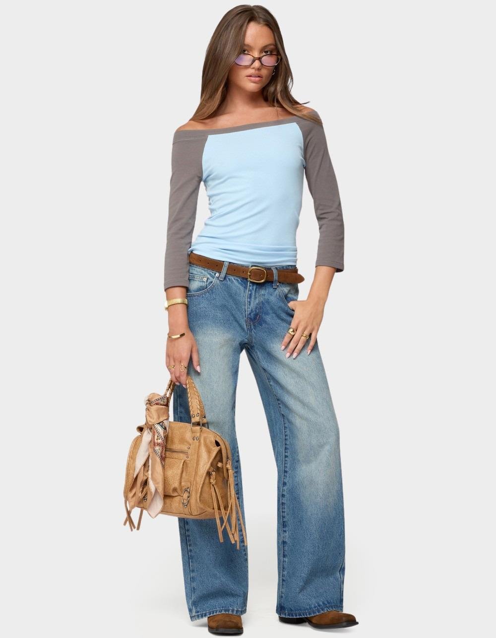 EDIKTED Keri Boat Neck Contrast Raglan Top - LIGHT BLUE