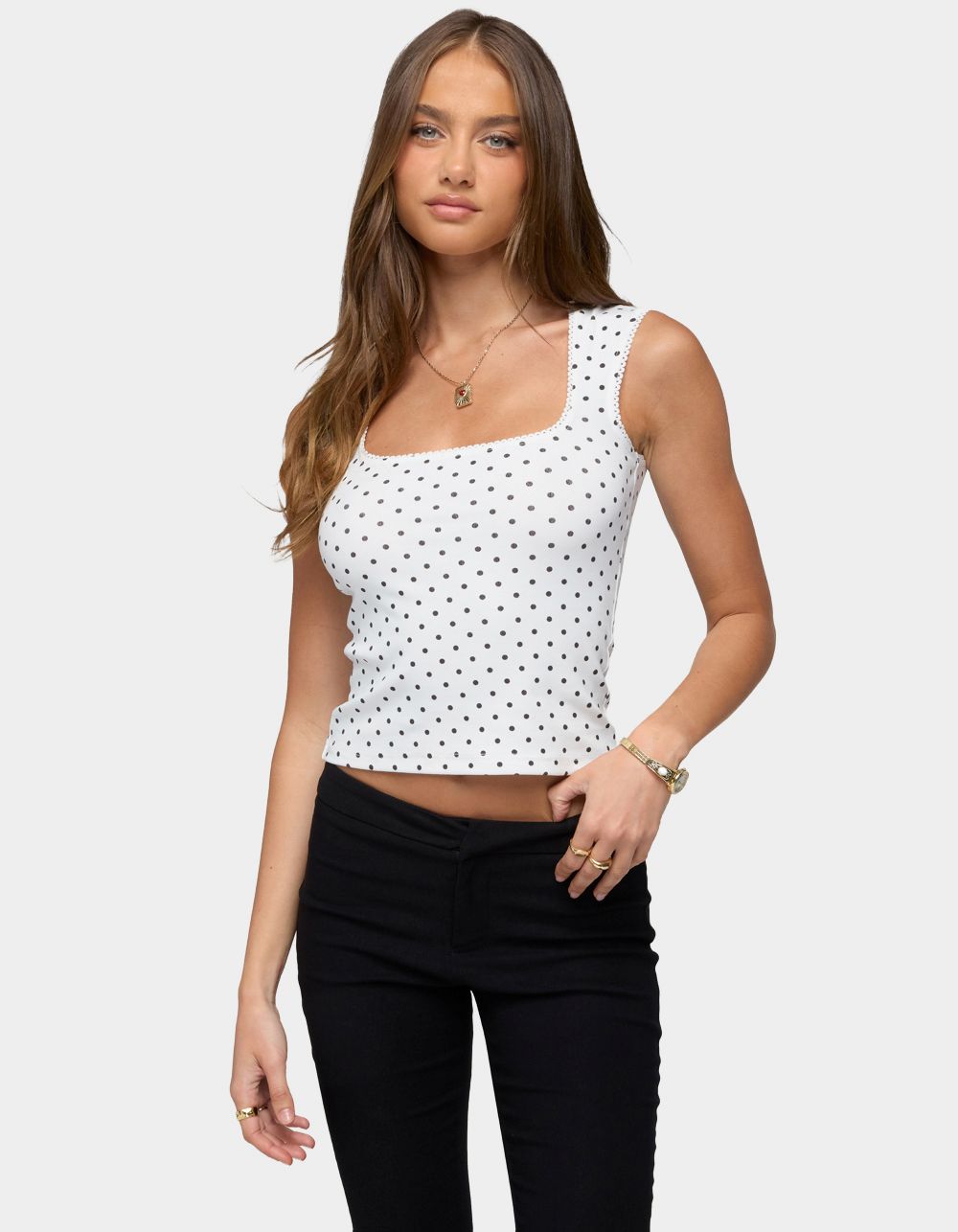 EDIKTED Beena Polka Dot Square Neck Top - WHITE