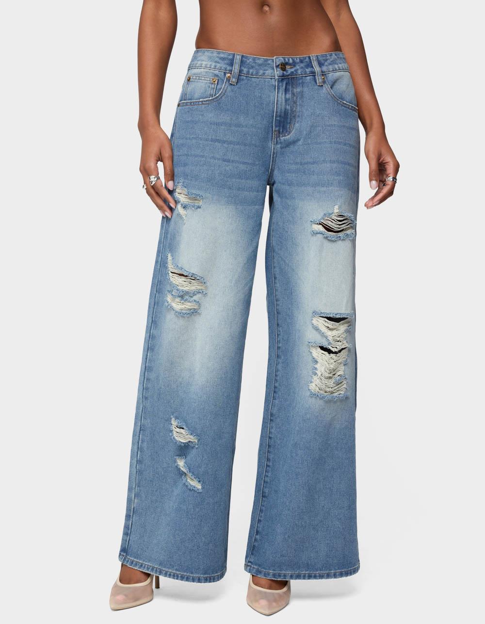 EDIKTED Frye Distressed Low Rise Baggy Jeans - LIGHT BLUE