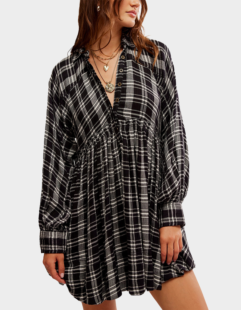 FREE PEOPLE Hoffman Long Sleeve Mini Dress - BLACK COMBO