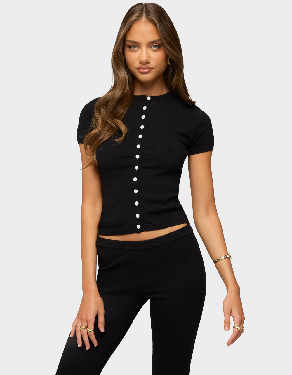 EDIKTED Vanessa Button Up Knit Top - BLACK