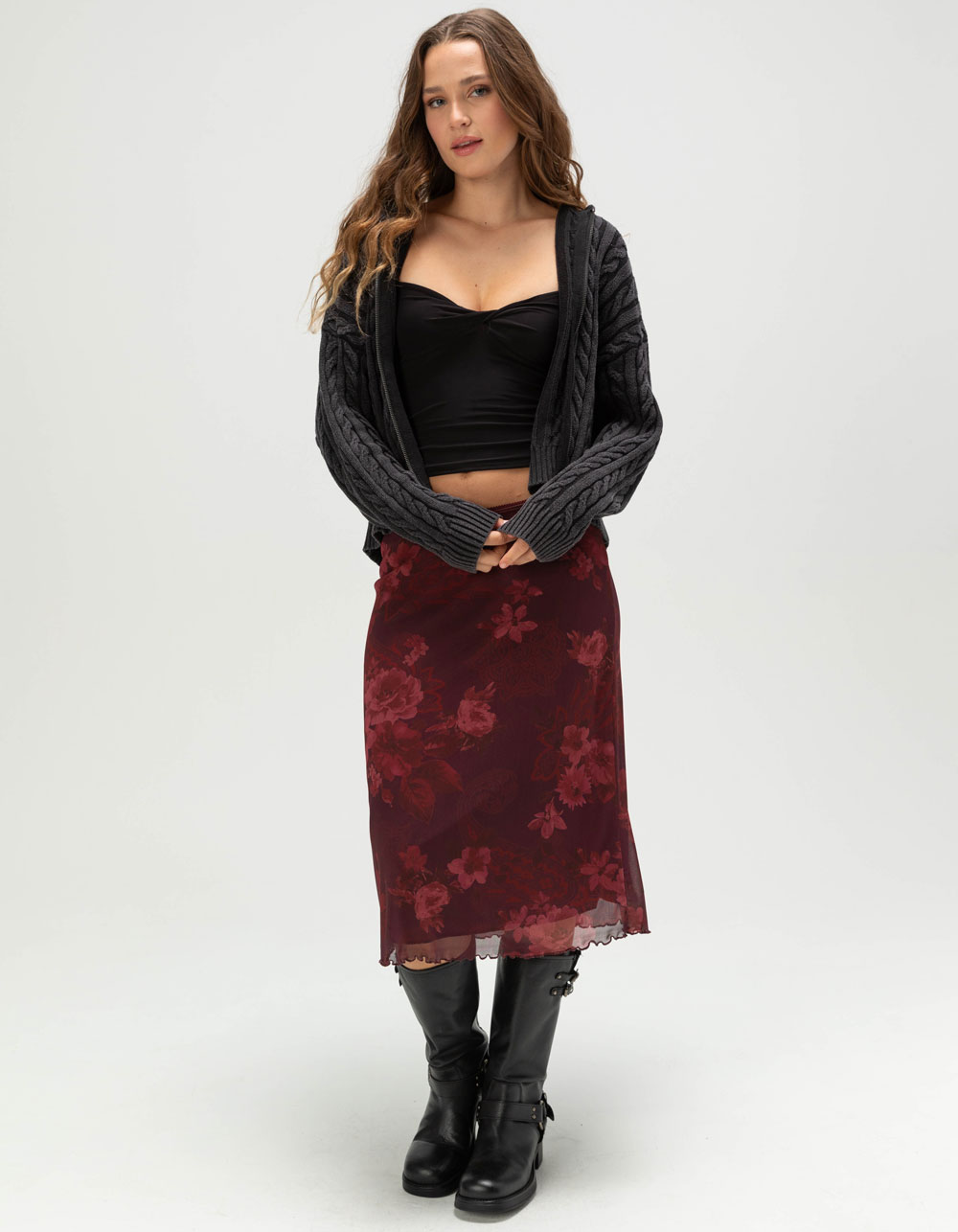 RSQ Womens Cable Knit Zip-Up Sweater - WASHED BLACK