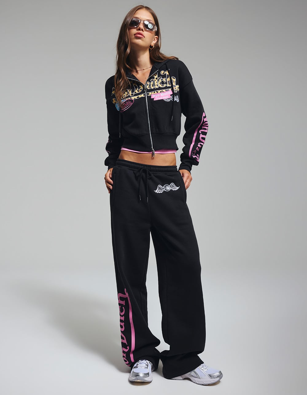 VON DUTCH Womens Wide Leg Sweatpants - BLACK