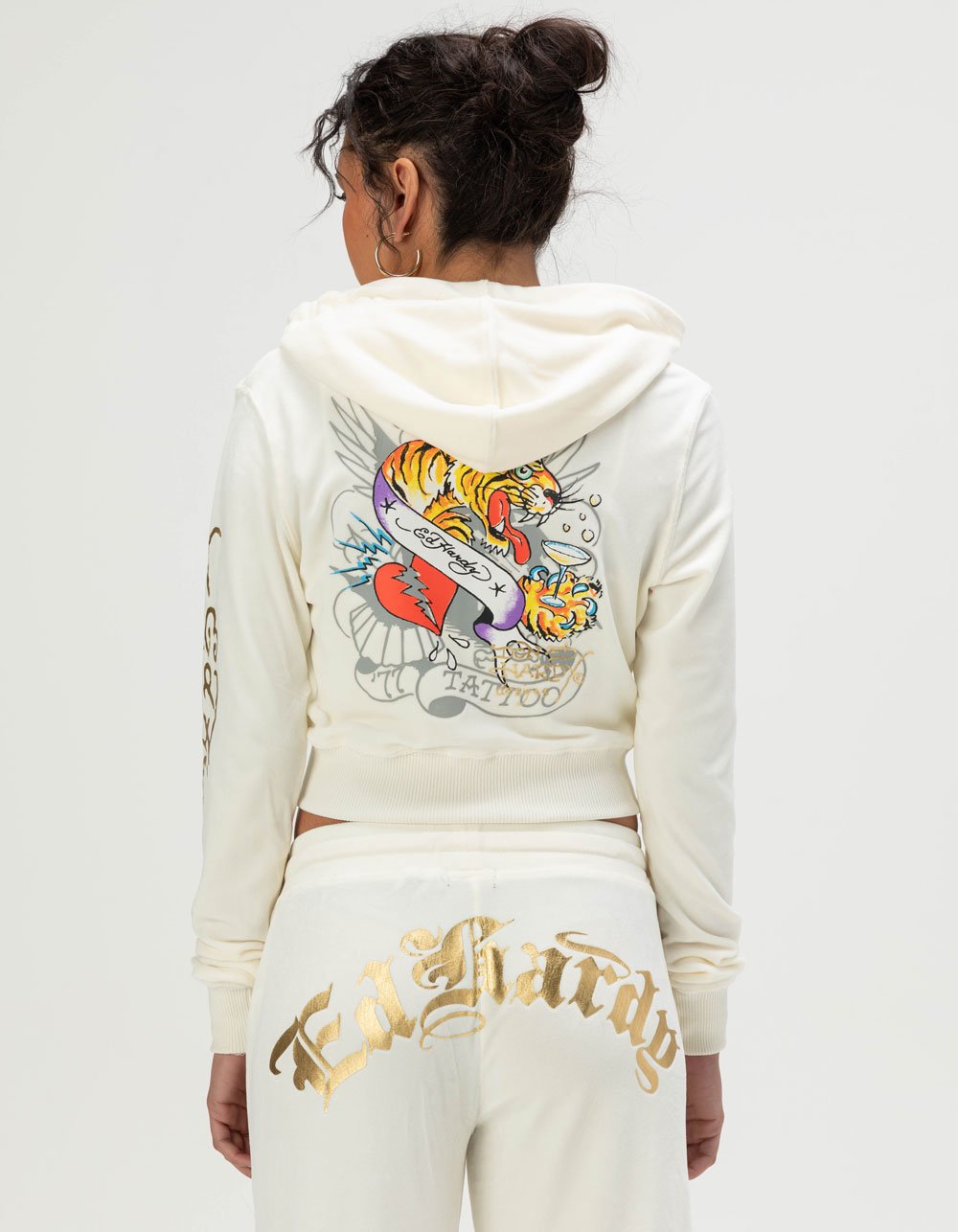 ED HARDY Tiger Crown Womens Velour Zip-Up Hoodie - IVORY