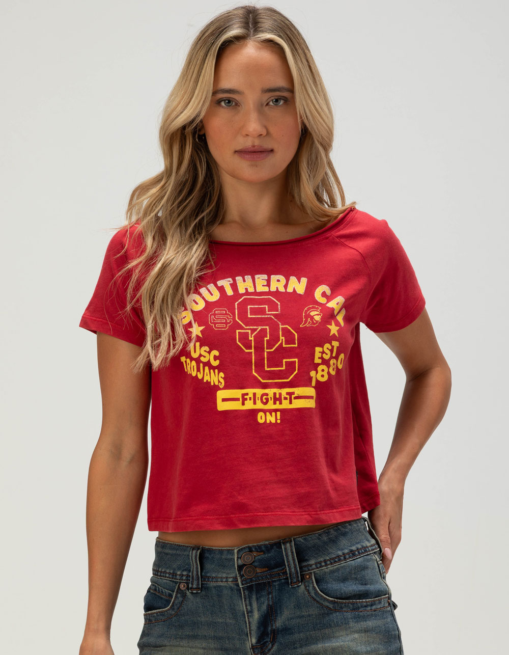 The WILD COLLECTIVE University of Southern California Womens Off Shoulder Tee - RED