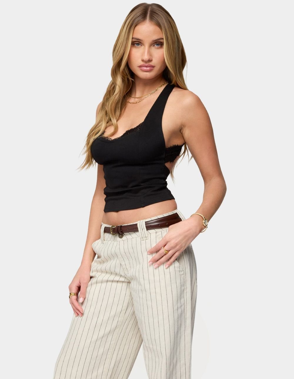 EDIKTED Ranata Lacey Scoop Neck Top - BLACK