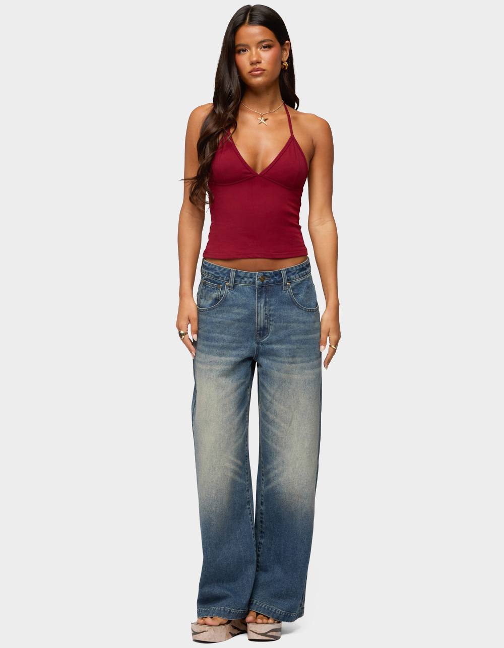 EDIKTED Noriah V-Neck Halter Top - DK RED