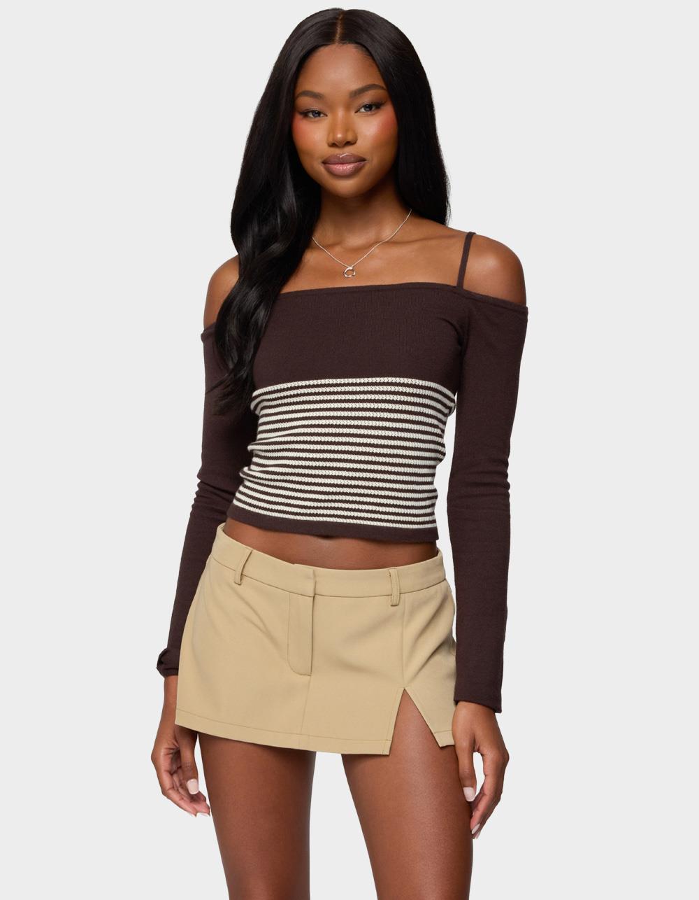 EDIKTED Darya Striped Off Shoulder Knit Top - BROWN