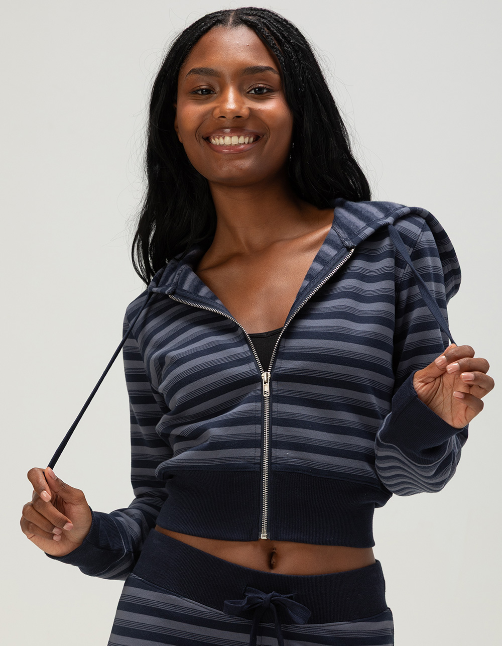 TILLYS Womens Stripe Zip-Up Hoodie - NAVY COMBO