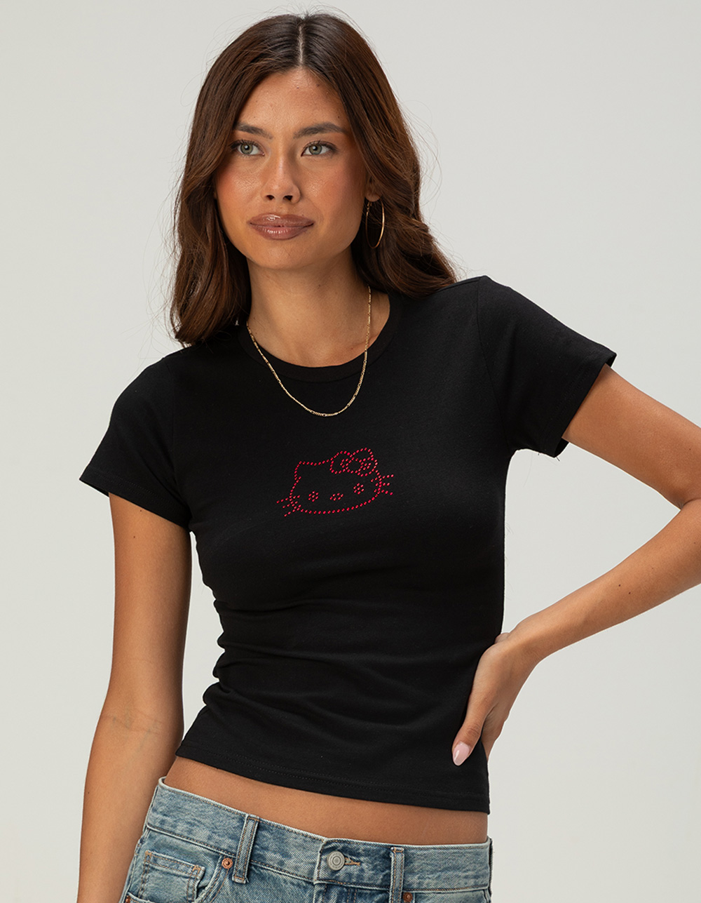 HELLO KITTY Womens Rhinestone Baby Tee - BLACK