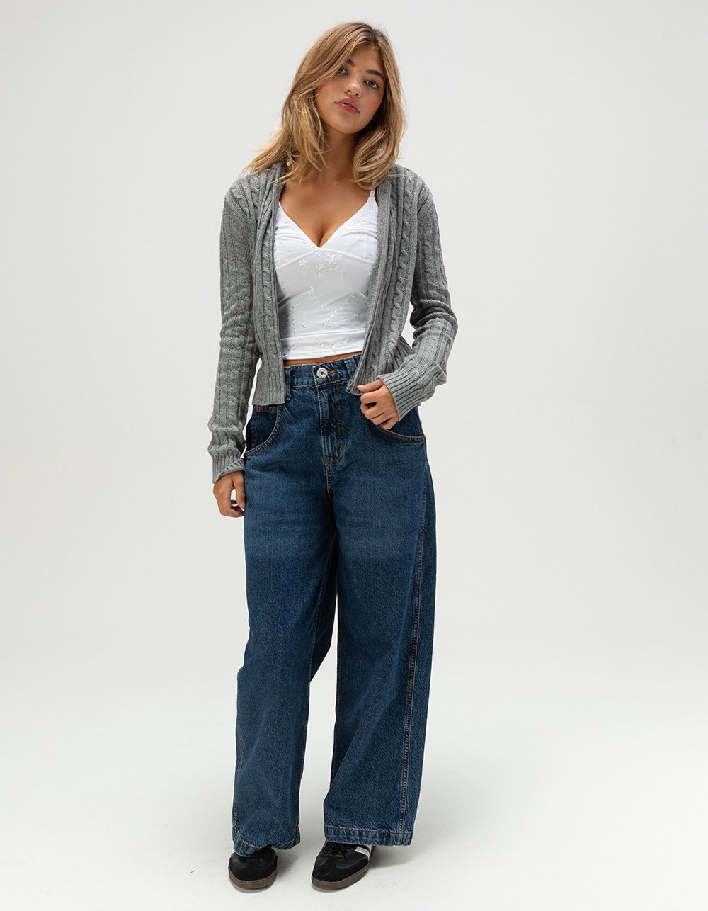 LOVE TREE Womens Zip-Up Hooded Cable Knit Sweater - HEATHER GRAY