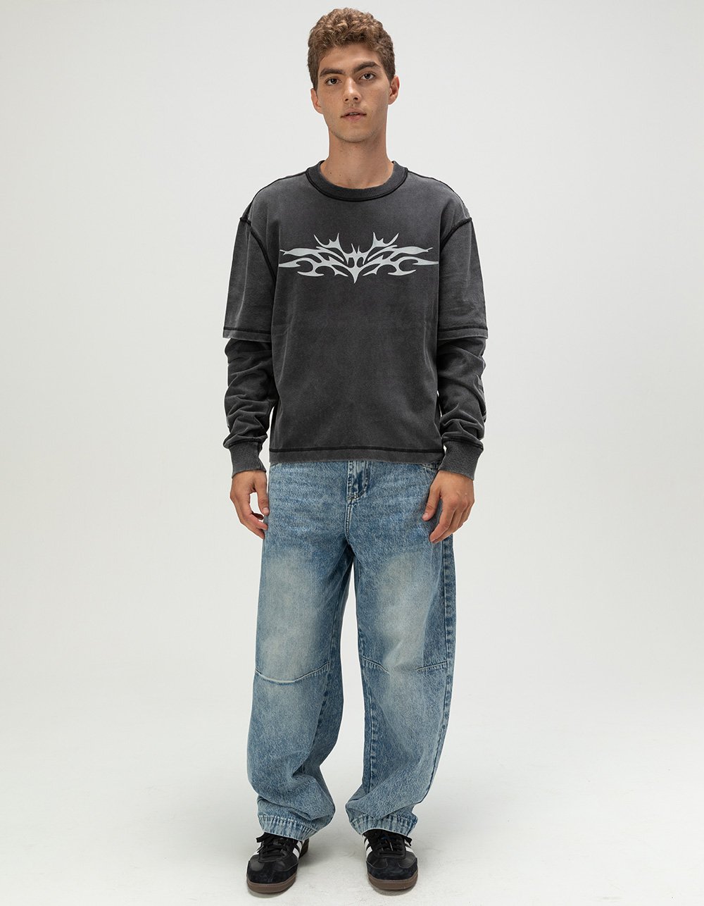 RSQ Mens Long Sleeve Boxy 2fer Tee - BLACK