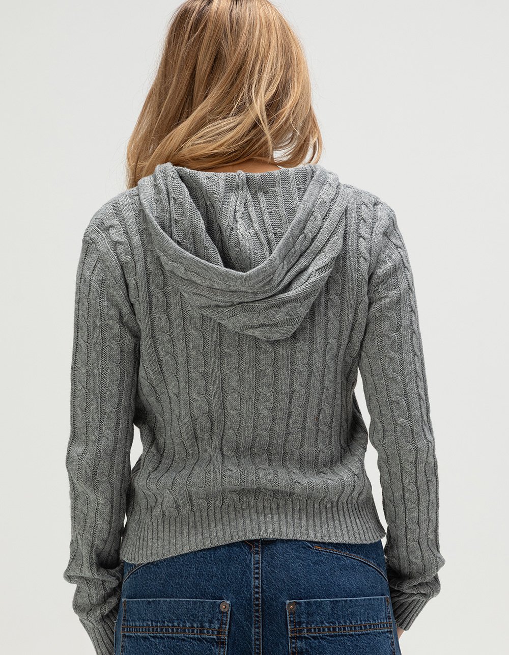 LOVE TREE Womens Zip-Up Hooded Cable Knit Sweater - HEATHER GRAY