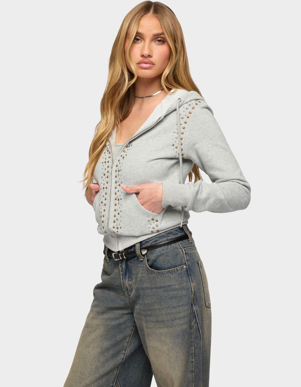 EDIKTED Patricia Studded Zip Up Hoodie - GRAY