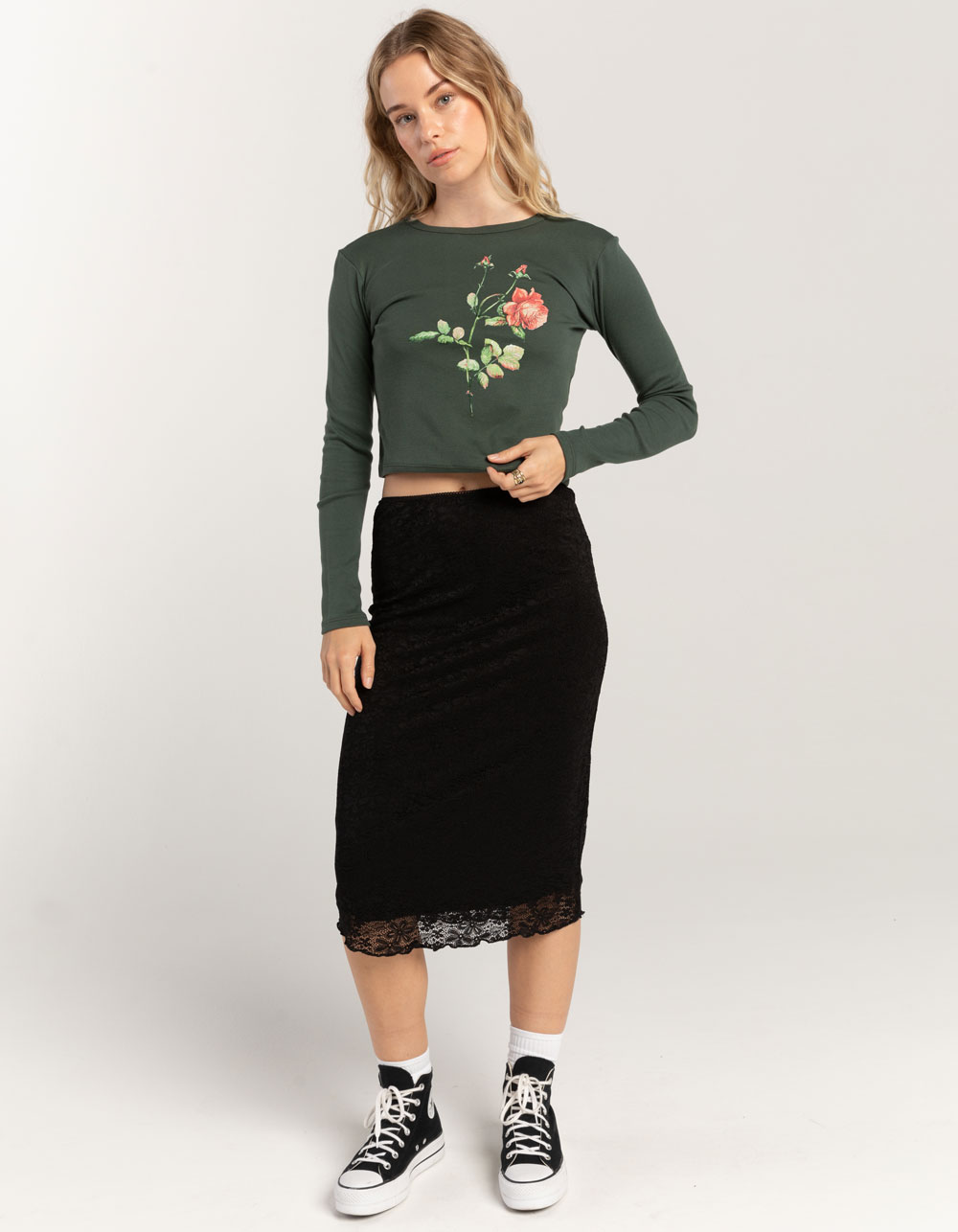 FULL TILT Flower Womens Long Sleeve Baby Tee GREEN Tillys