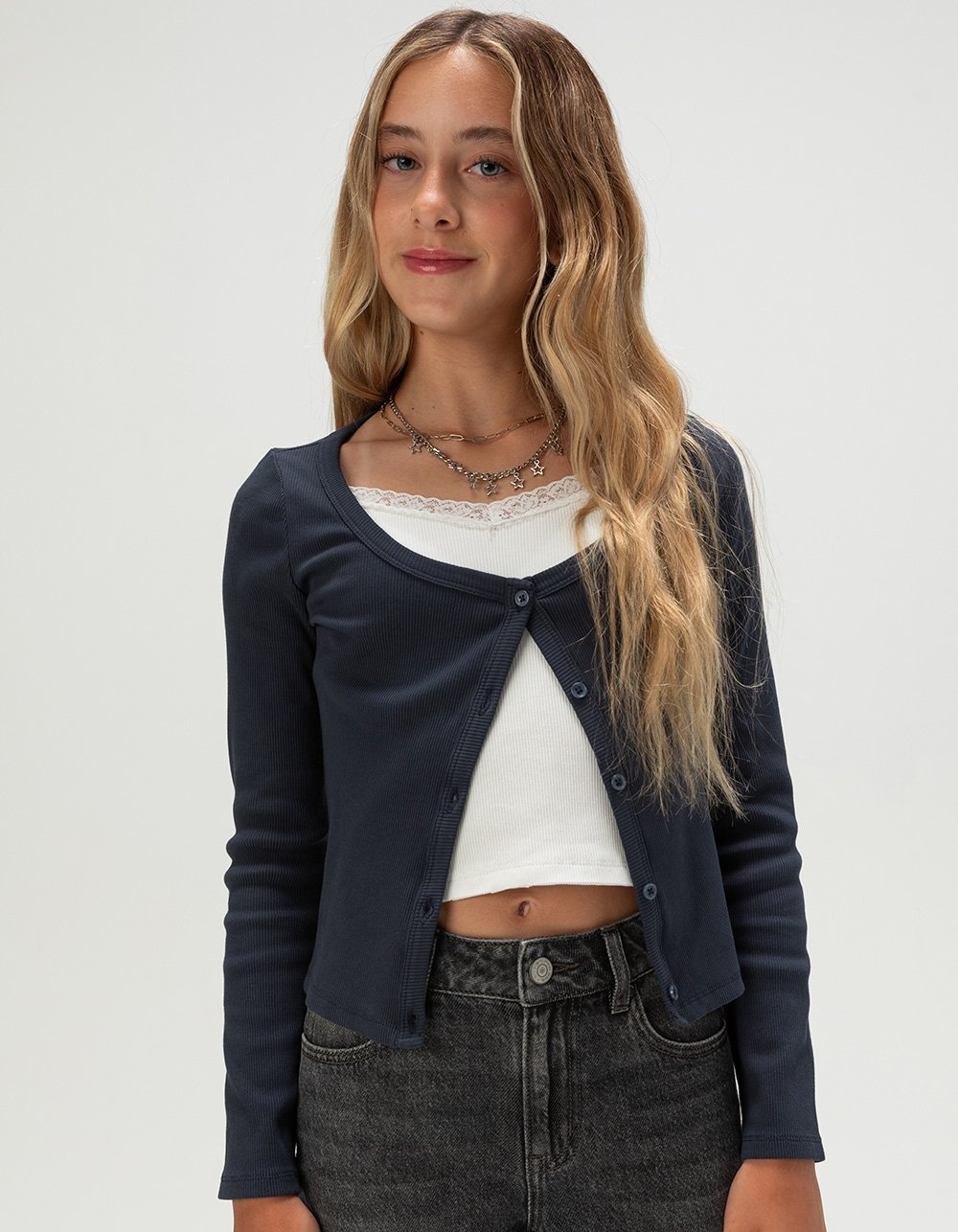 RSQ Girls Button Front Long Sleeve 2fer Top - NAVY COMBO