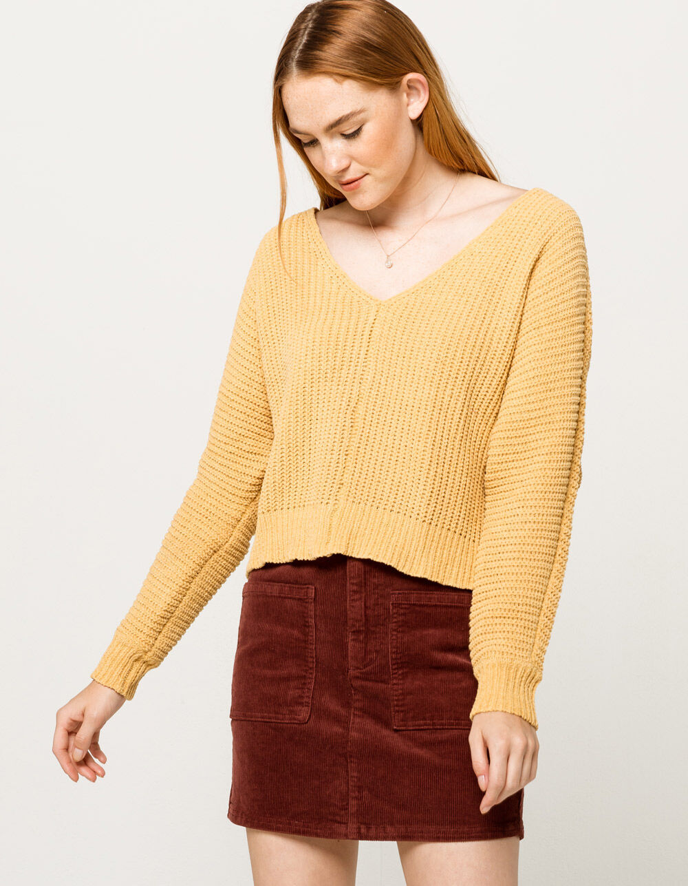 SKY AND SPARROW Matte Chenille V-Neck Yellow Womens Dolman Sweater image number 1