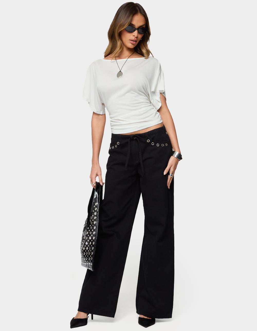 EDIKTED Grommet Tie Waist Low Rise Baggy Jeans - BLACK