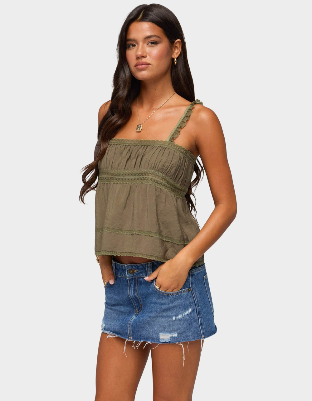 EDIKTED Mable Lacey Straight Neck Tank Top - DK GREEN